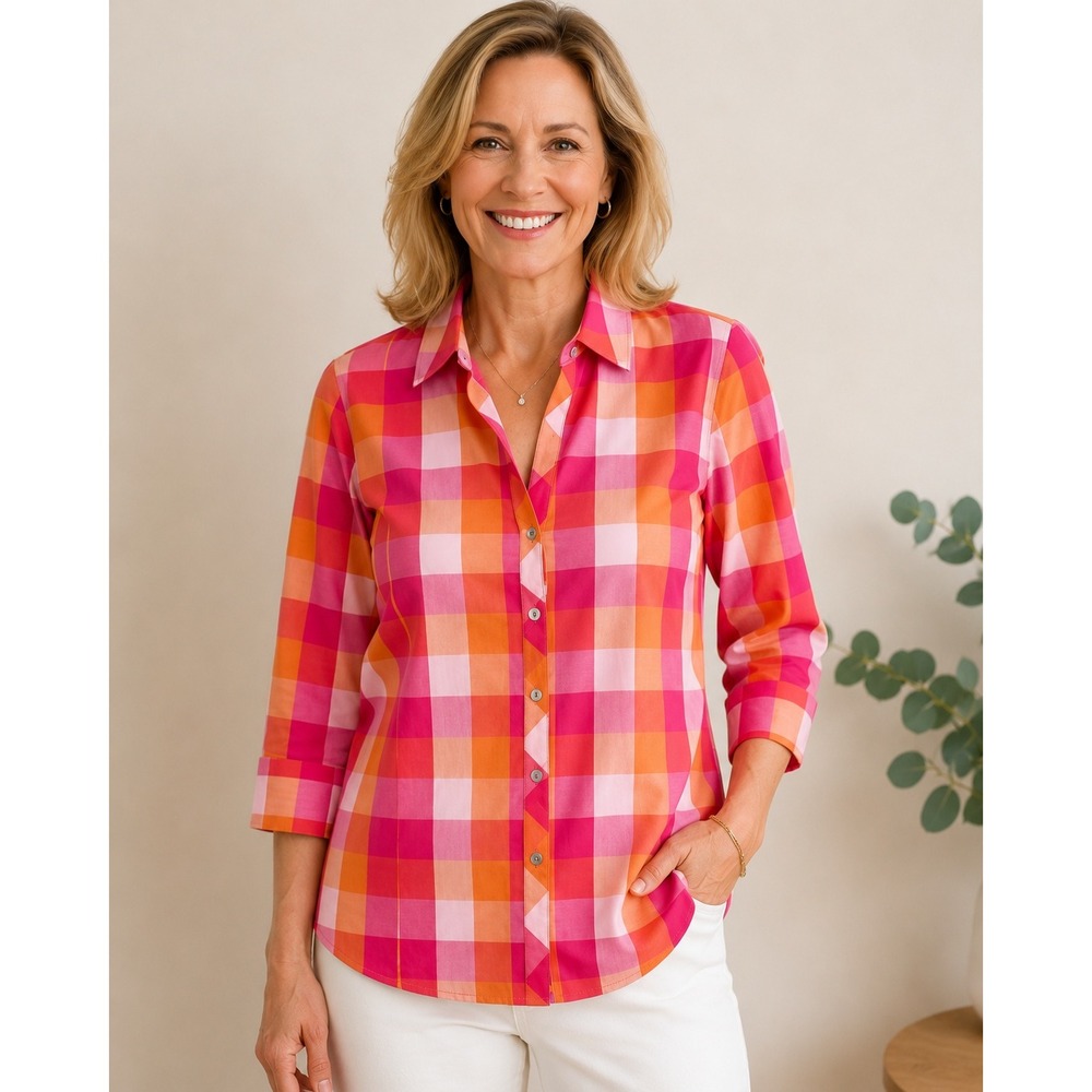 Foxcroft Button Up Shirt Womens 10P Pink Plaid Wrinkle Free 3/4 Sleeve Shaped